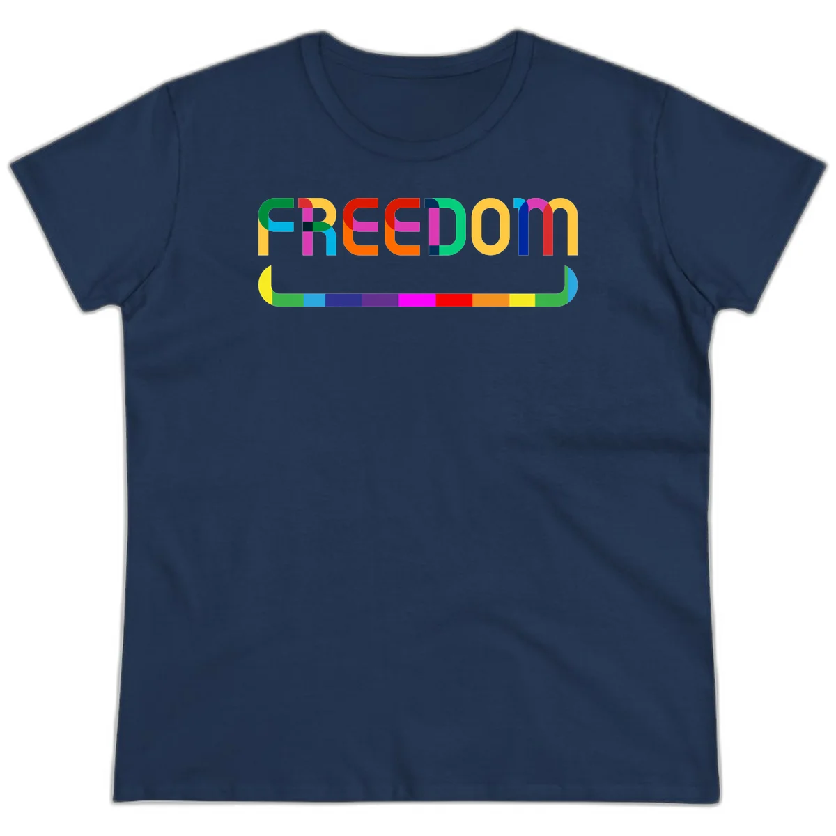 Colorful FREEDOM text in rainbow letters with geometric shapes and pride flag color bar below on gray background in Navy