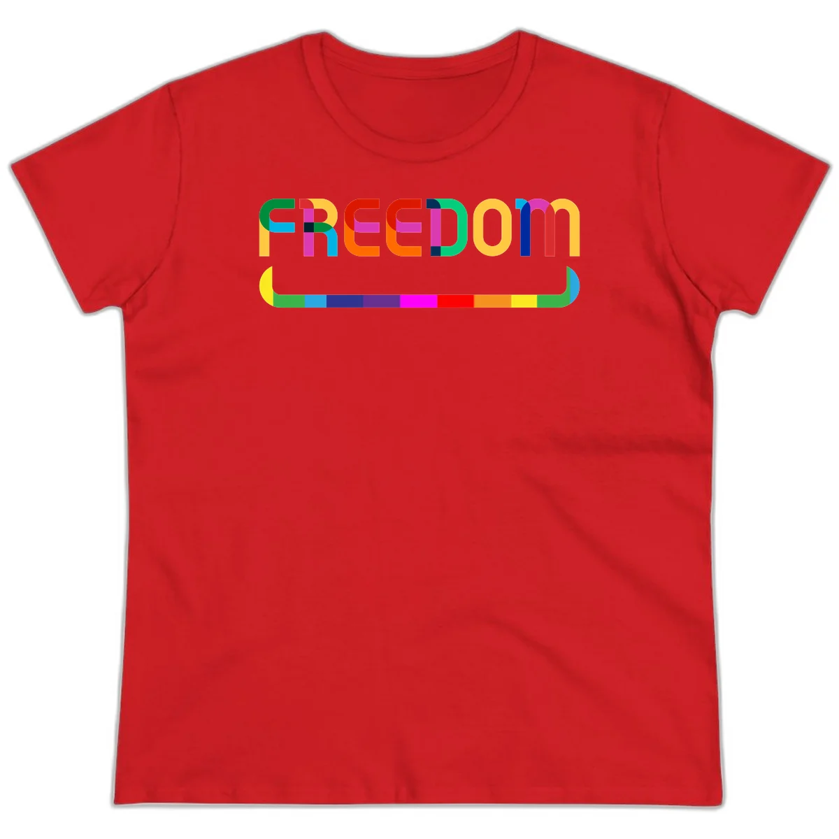 Colorful FREEDOM text in rainbow letters with geometric shapes and pride flag color bar below on gray background in Red