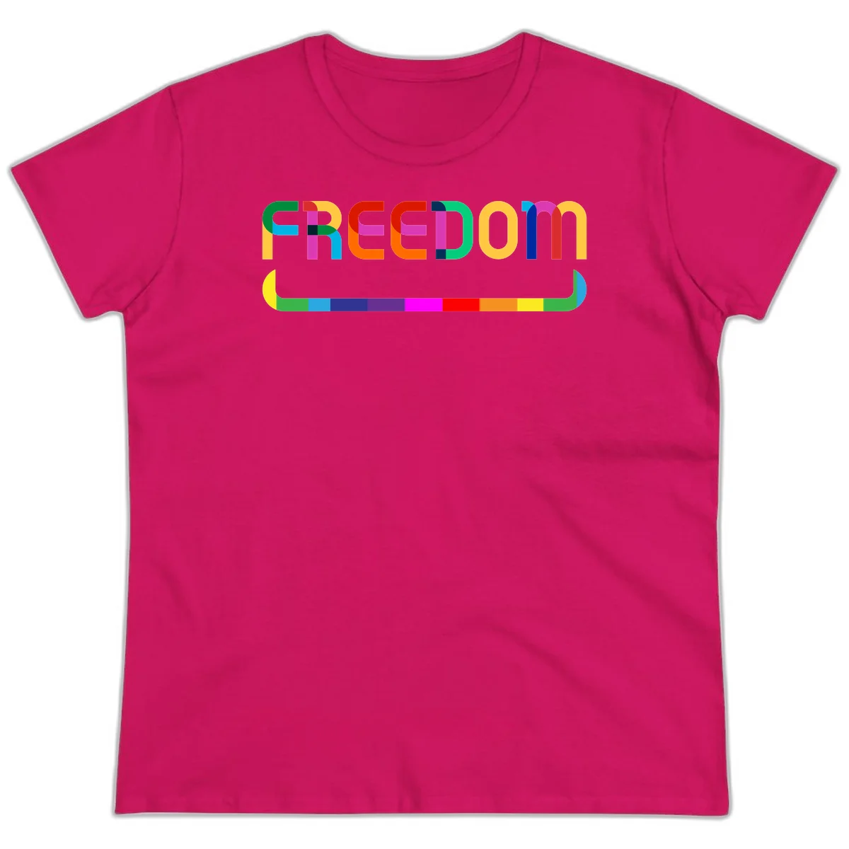 Colorful FREEDOM text in rainbow letters with geometric shapes and pride flag color bar below on gray background in Heliconia