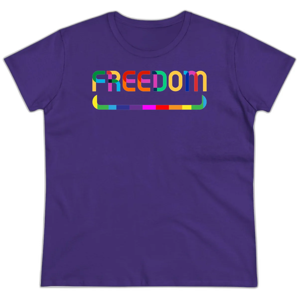 Colorful FREEDOM text in rainbow letters with geometric shapes and pride flag color bar below on gray background in Purple