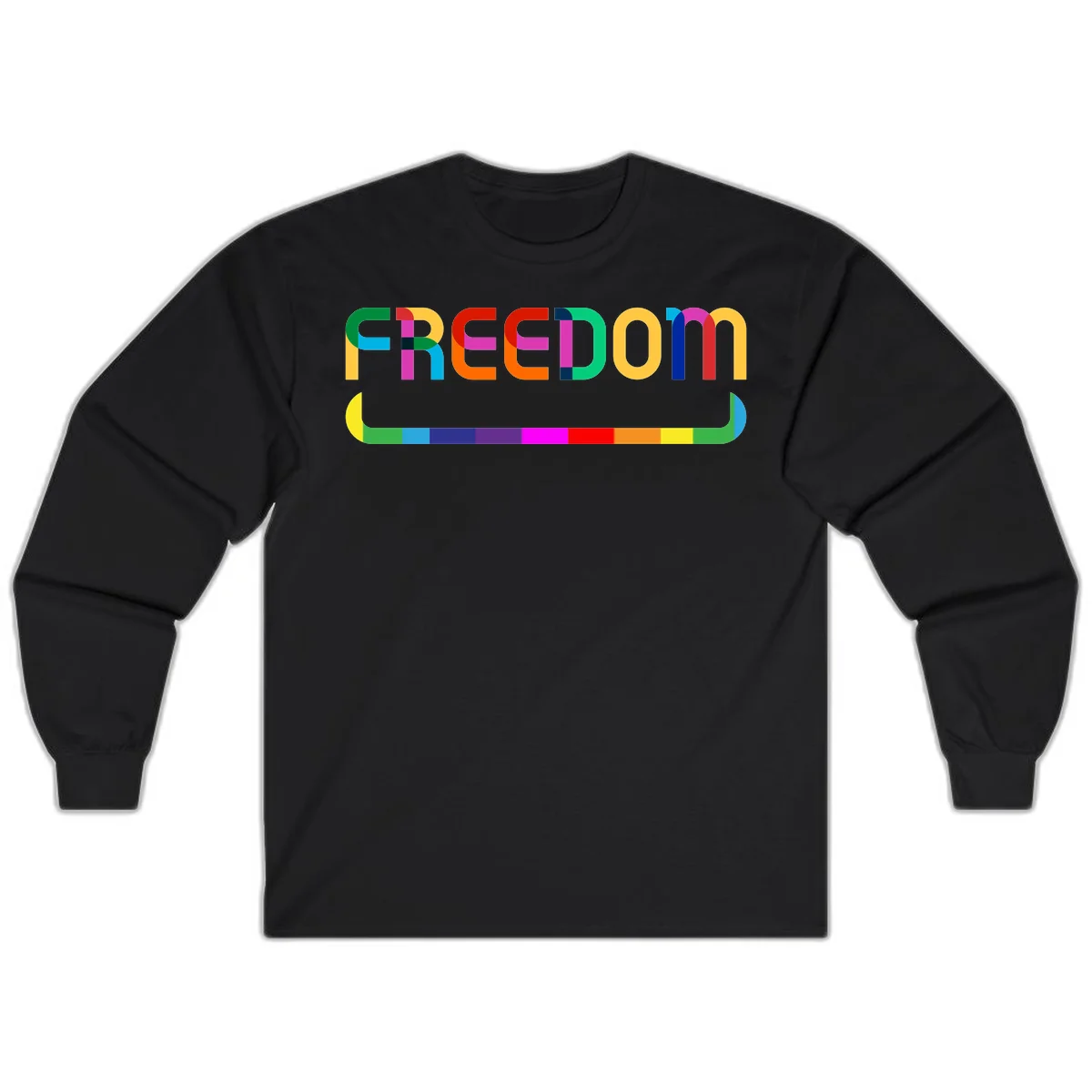 Colorful FREEDOM text in rainbow letters with geometric shapes and pride flag color bar below on gray background in Black