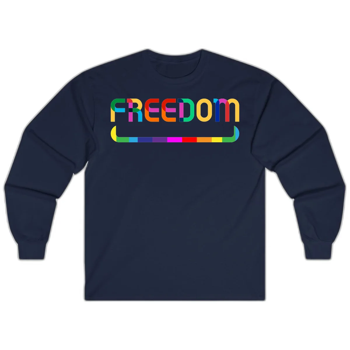 Colorful FREEDOM text in rainbow letters with geometric shapes and pride flag color bar below on gray background in Navy