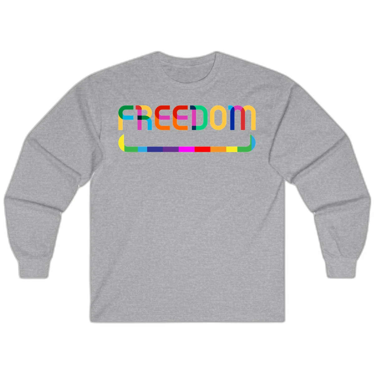 Colorful FREEDOM text in rainbow letters with geometric shapes and pride flag color bar below on gray background in Sport Grey