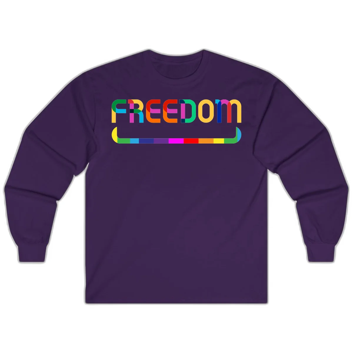 Colorful FREEDOM text in rainbow letters with geometric shapes and pride flag color bar below on gray background in Purple
