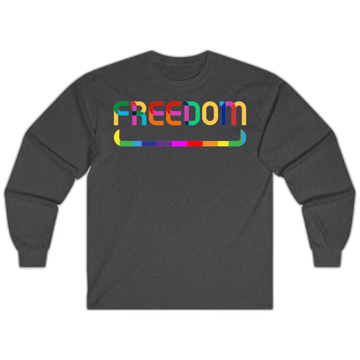 Colorful FREEDOM text in rainbow letters with geometric shapes and pride flag color bar below on gray background in Dark Heather