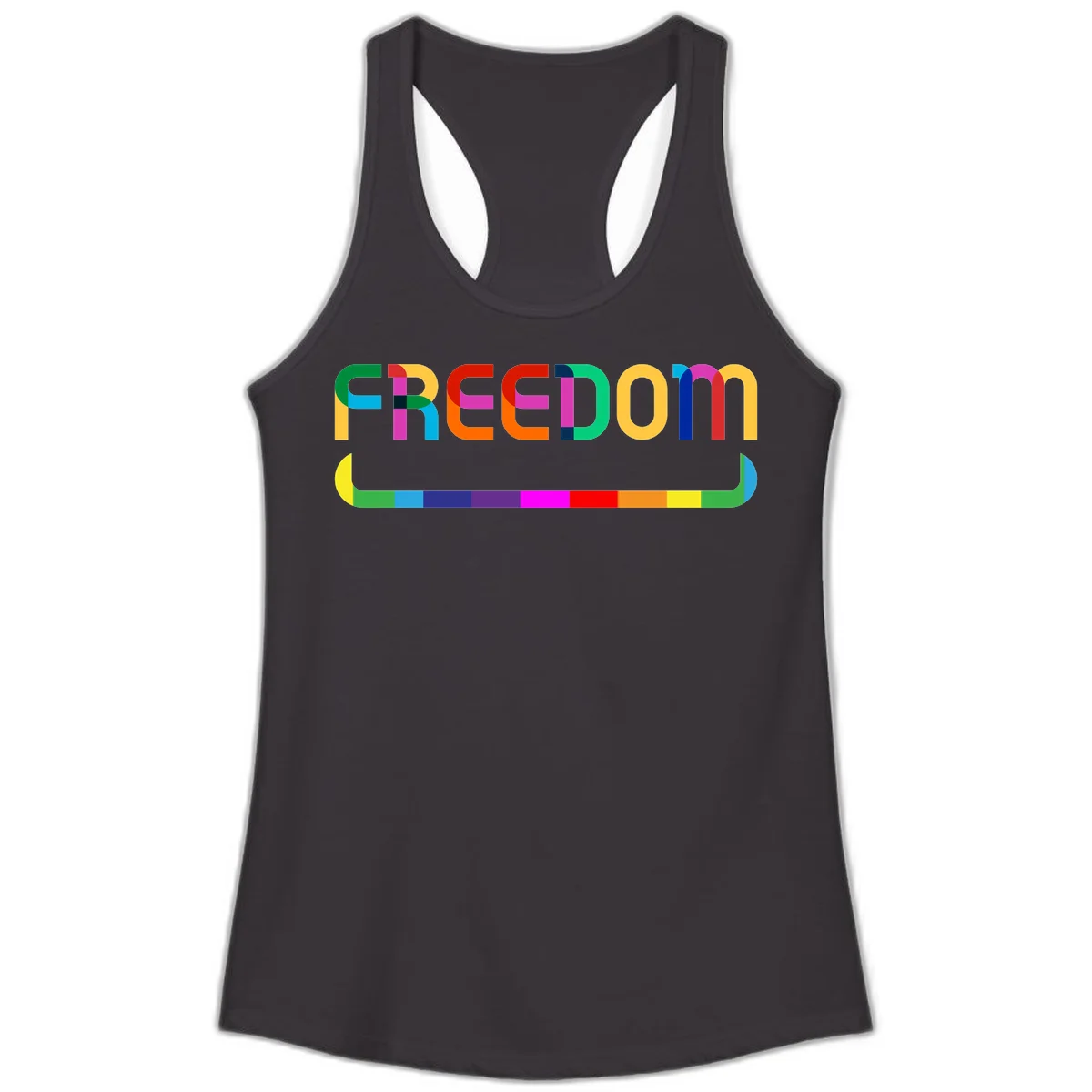 Colorful FREEDOM text in rainbow letters with geometric shapes and pride flag color bar below on gray background in Black