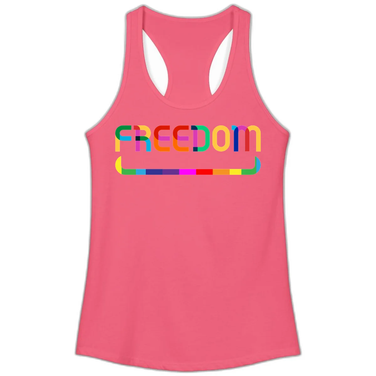 Colorful FREEDOM text in rainbow letters with geometric shapes and pride flag color bar below on gray background in Hot Pink