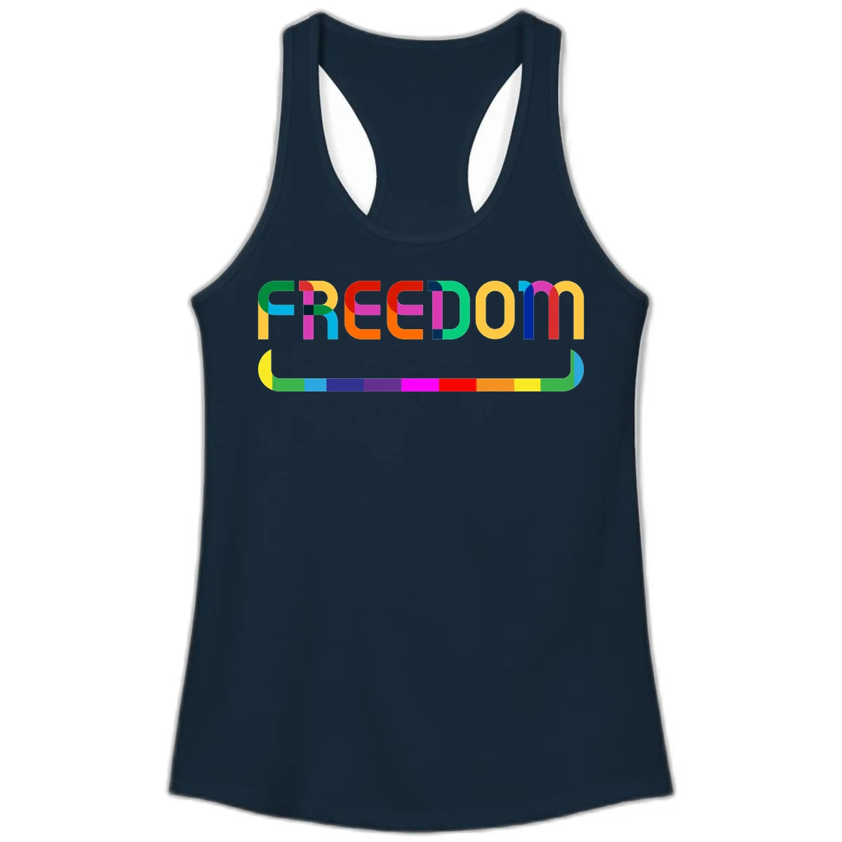 Colorful FREEDOM text in rainbow letters with geometric shapes and pride flag color bar below on gray background in Solid Midnight Navy