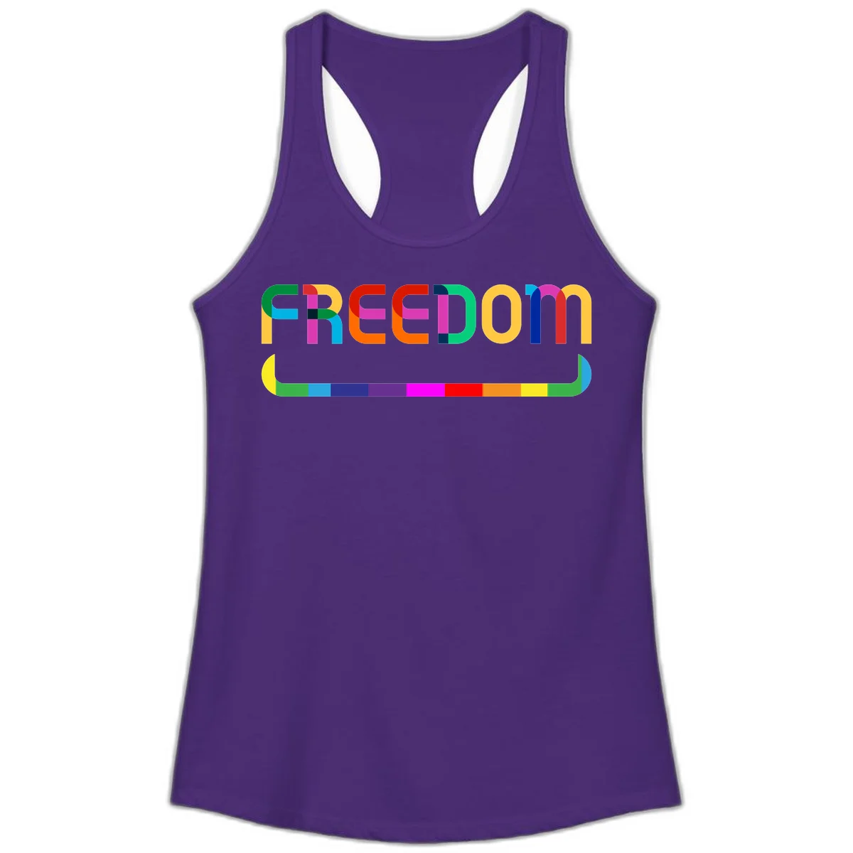 Colorful FREEDOM text in rainbow letters with geometric shapes and pride flag color bar below on gray background in Solid Purple Rush
