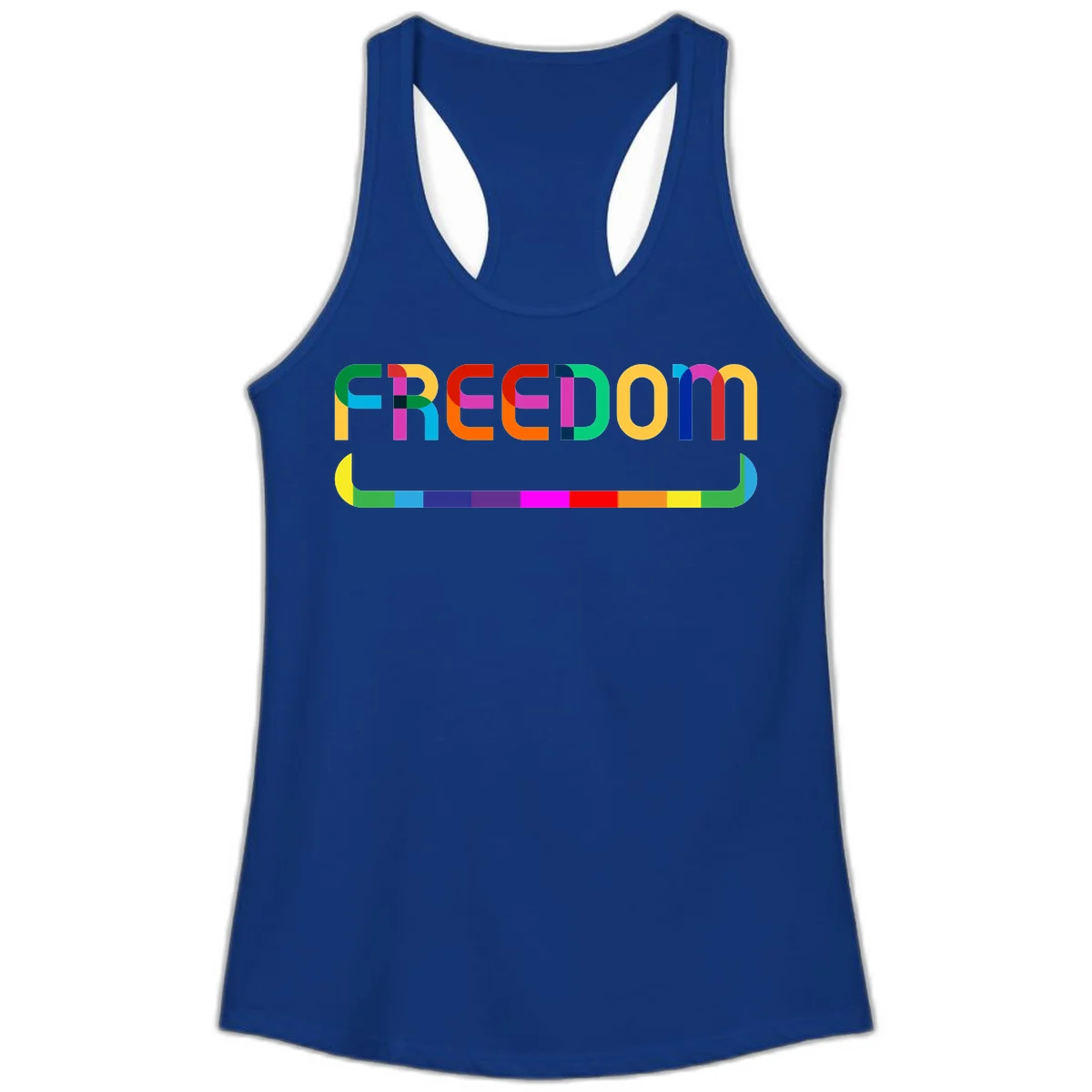 Colorful FREEDOM text in rainbow letters with geometric shapes and pride flag color bar below on gray background in Solid Royal