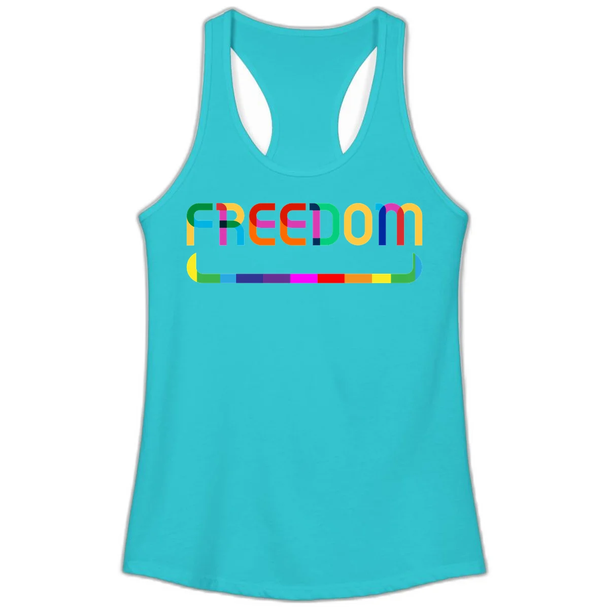 Colorful FREEDOM text in rainbow letters with geometric shapes and pride flag color bar below on gray background in Solid Tahiti Blue