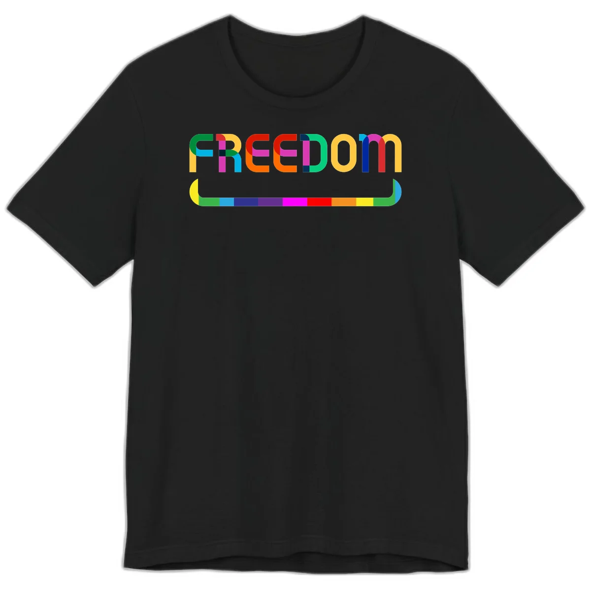 Colorful FREEDOM text in rainbow letters with geometric shapes and pride flag color bar below on gray background in Black