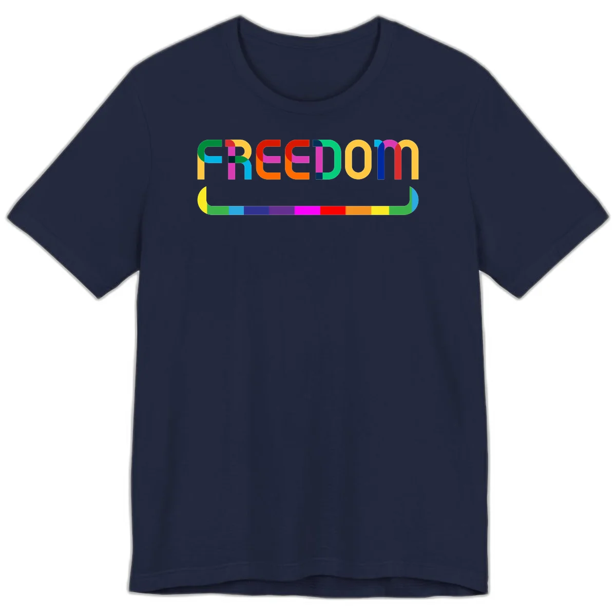 Colorful FREEDOM text in rainbow letters with geometric shapes and pride flag color bar below on gray background in Navy