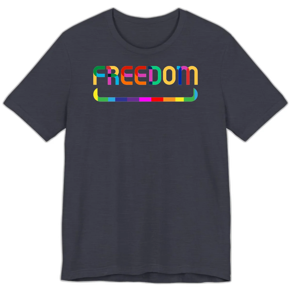 Colorful FREEDOM text in rainbow letters with geometric shapes and pride flag color bar below on gray background in Heather Midnight Navy