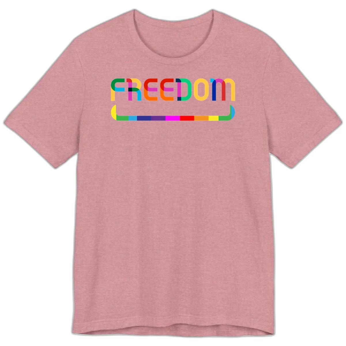 Colorful FREEDOM text in rainbow letters with geometric shapes and pride flag color bar below on gray background in Heather Orchid
