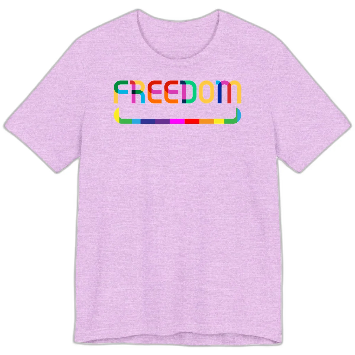 Colorful FREEDOM text in rainbow letters with geometric shapes and pride flag color bar below on gray background in Heather Prism Lilac