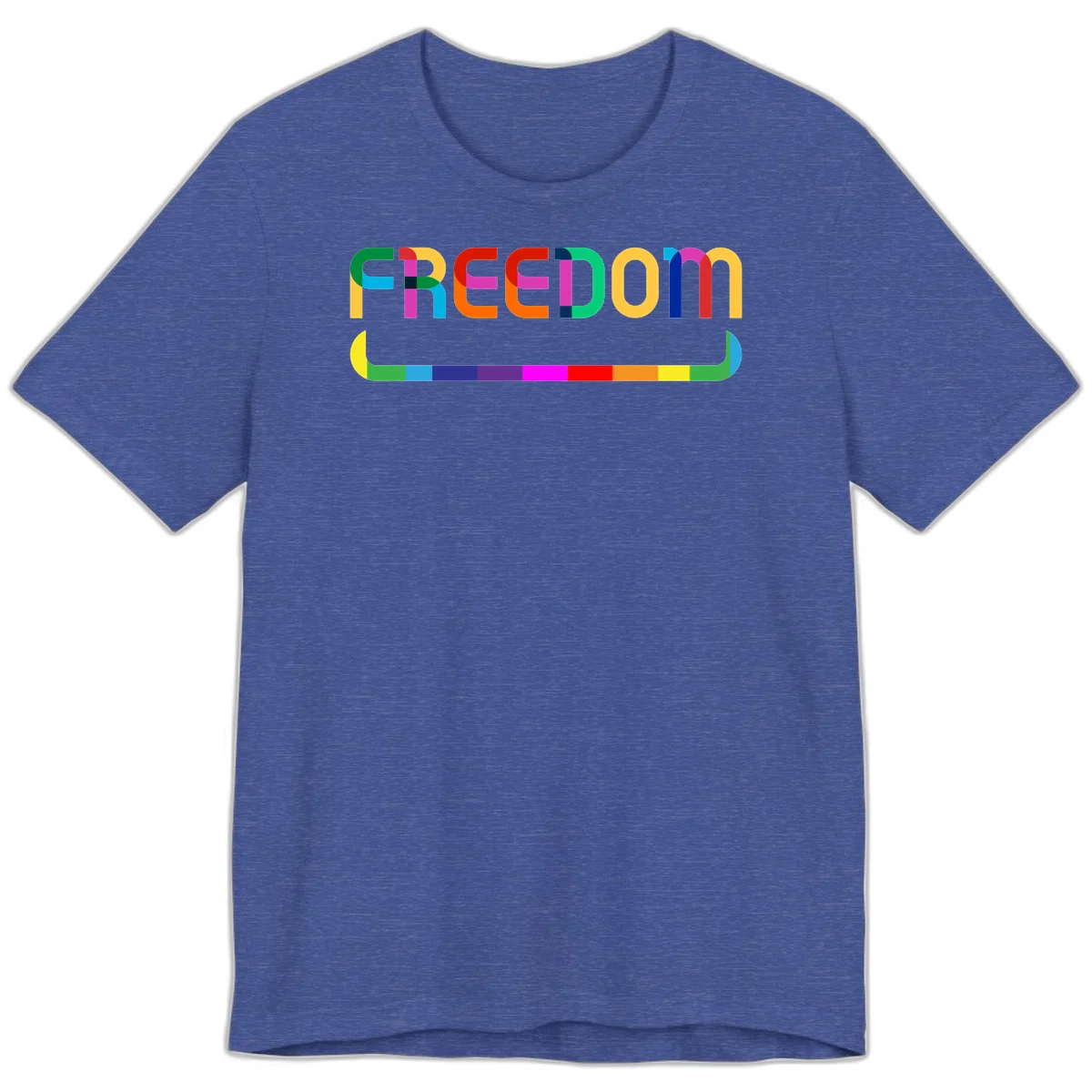 Colorful FREEDOM text in rainbow letters with geometric shapes and pride flag color bar below on gray background in Heather True Royal