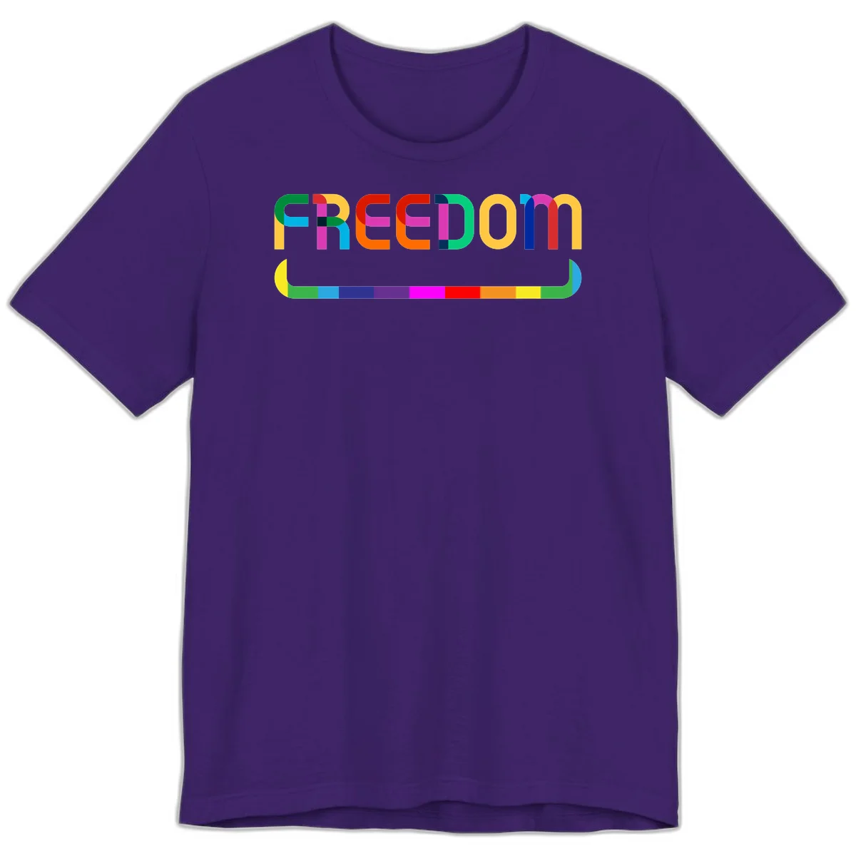 Colorful FREEDOM text in rainbow letters with geometric shapes and pride flag color bar below on gray background in Team Purple