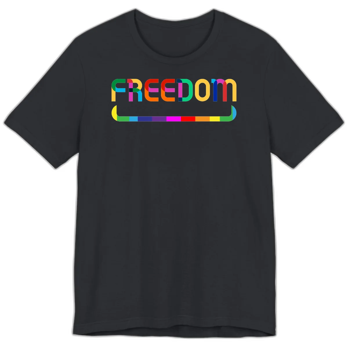 Colorful FREEDOM text in rainbow letters with geometric shapes and pride flag color bar below on gray background in Vintage Black