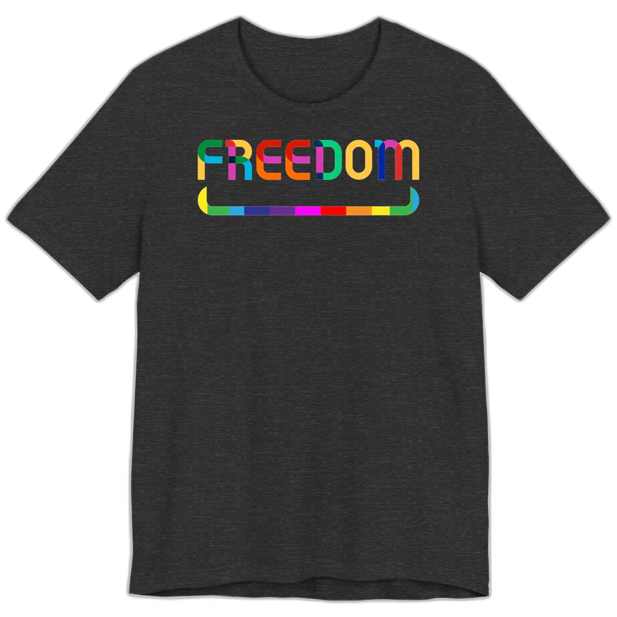 Colorful FREEDOM text in rainbow letters with geometric shapes and pride flag color bar below on gray background in Dark Grey Heather