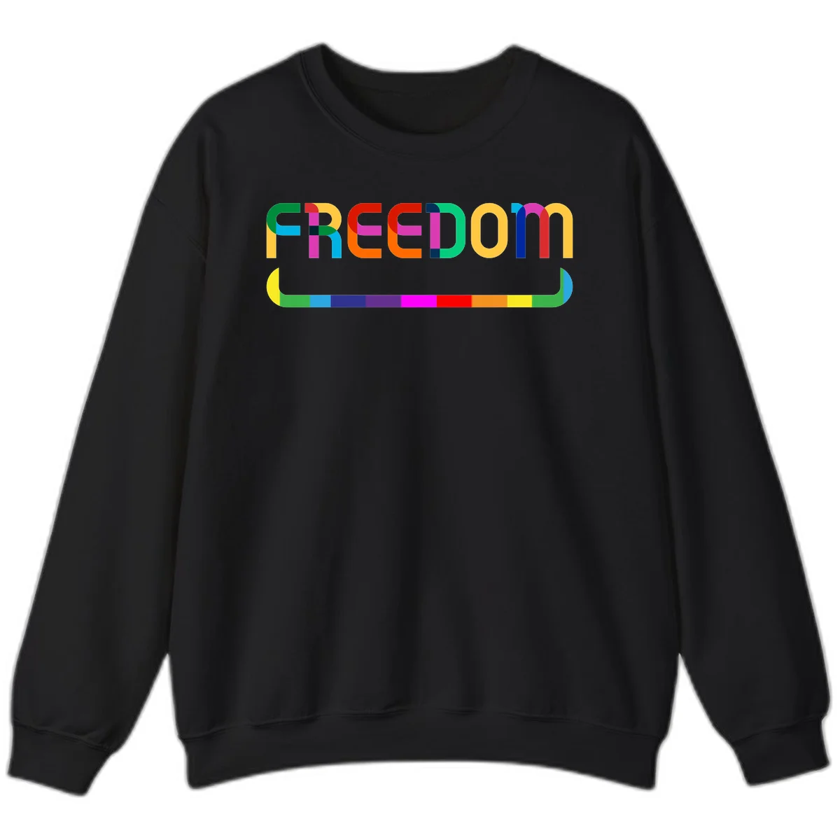 Colorful FREEDOM text in rainbow letters with geometric shapes and pride flag color bar below on gray background in Black