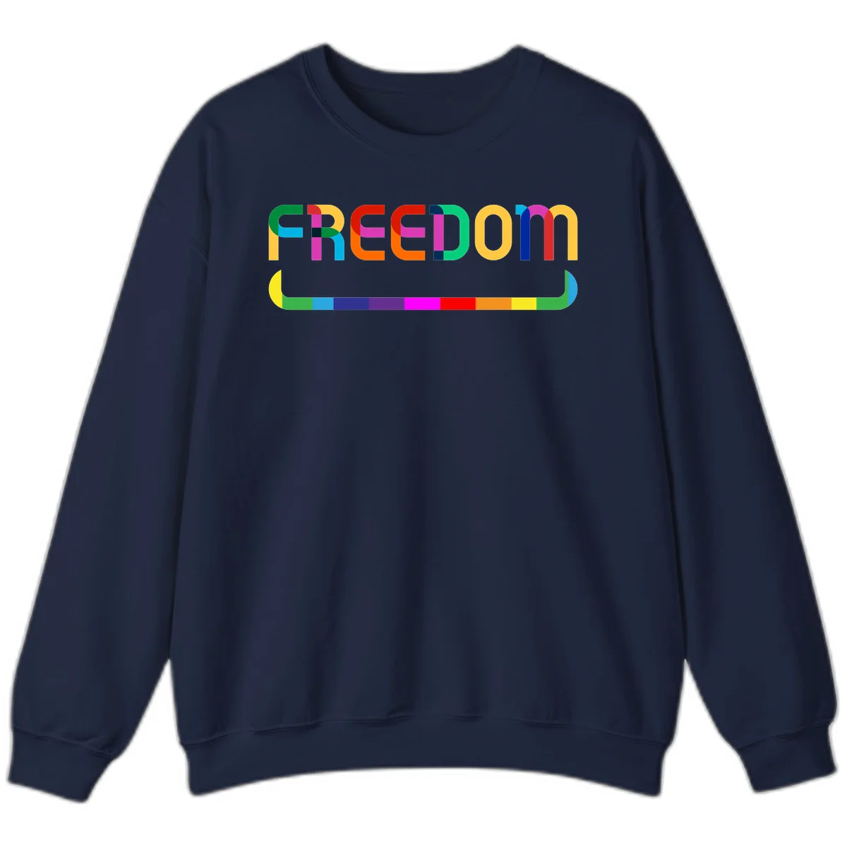 Colorful FREEDOM text in rainbow letters with geometric shapes and pride flag color bar below on gray background in Navy