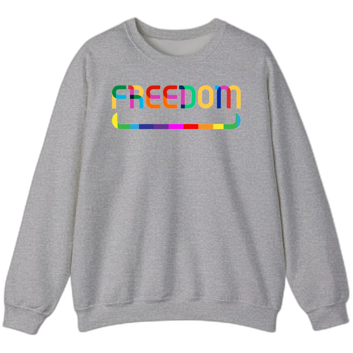 Colorful FREEDOM text in rainbow letters with geometric shapes and pride flag color bar below on gray background in Sport Grey
