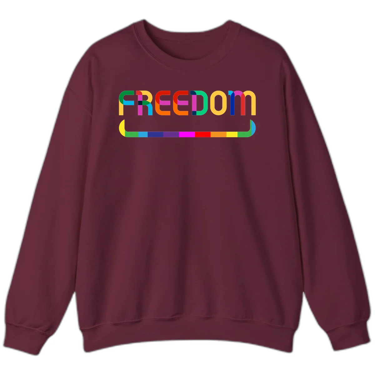 Colorful FREEDOM text in rainbow letters with geometric shapes and pride flag color bar below on gray background in Maroon