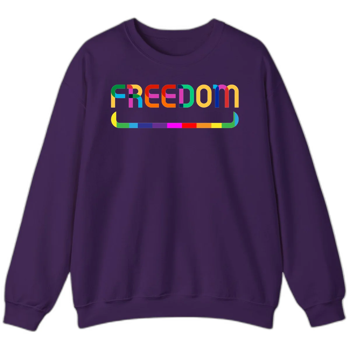 Colorful FREEDOM text in rainbow letters with geometric shapes and pride flag color bar below on gray background in Purple