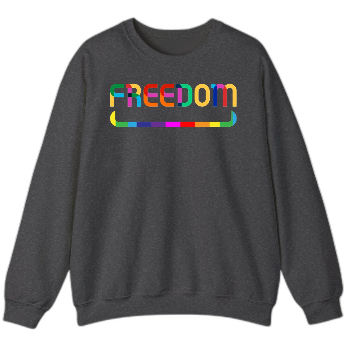Colorful FREEDOM text in rainbow letters with geometric shapes and pride flag color bar below on gray background in Dark Heather