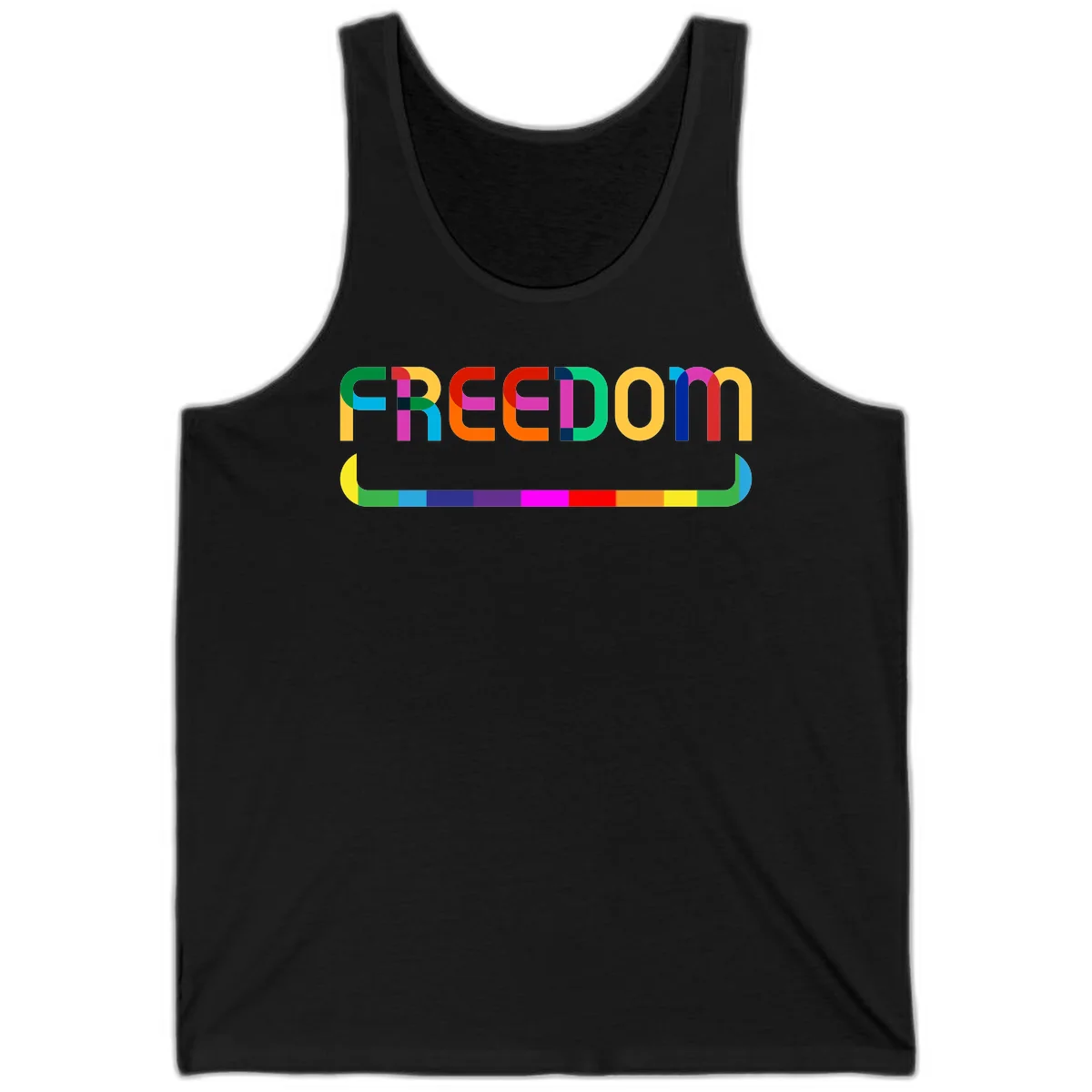 Colorful FREEDOM text in rainbow letters with geometric shapes and pride flag color bar below on gray background in Black