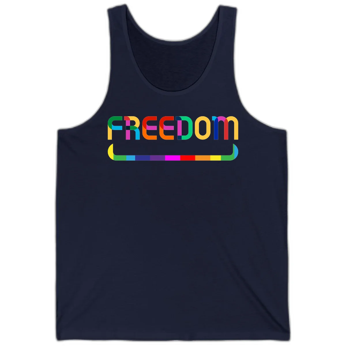 Colorful FREEDOM text in rainbow letters with geometric shapes and pride flag color bar below on gray background in Navy