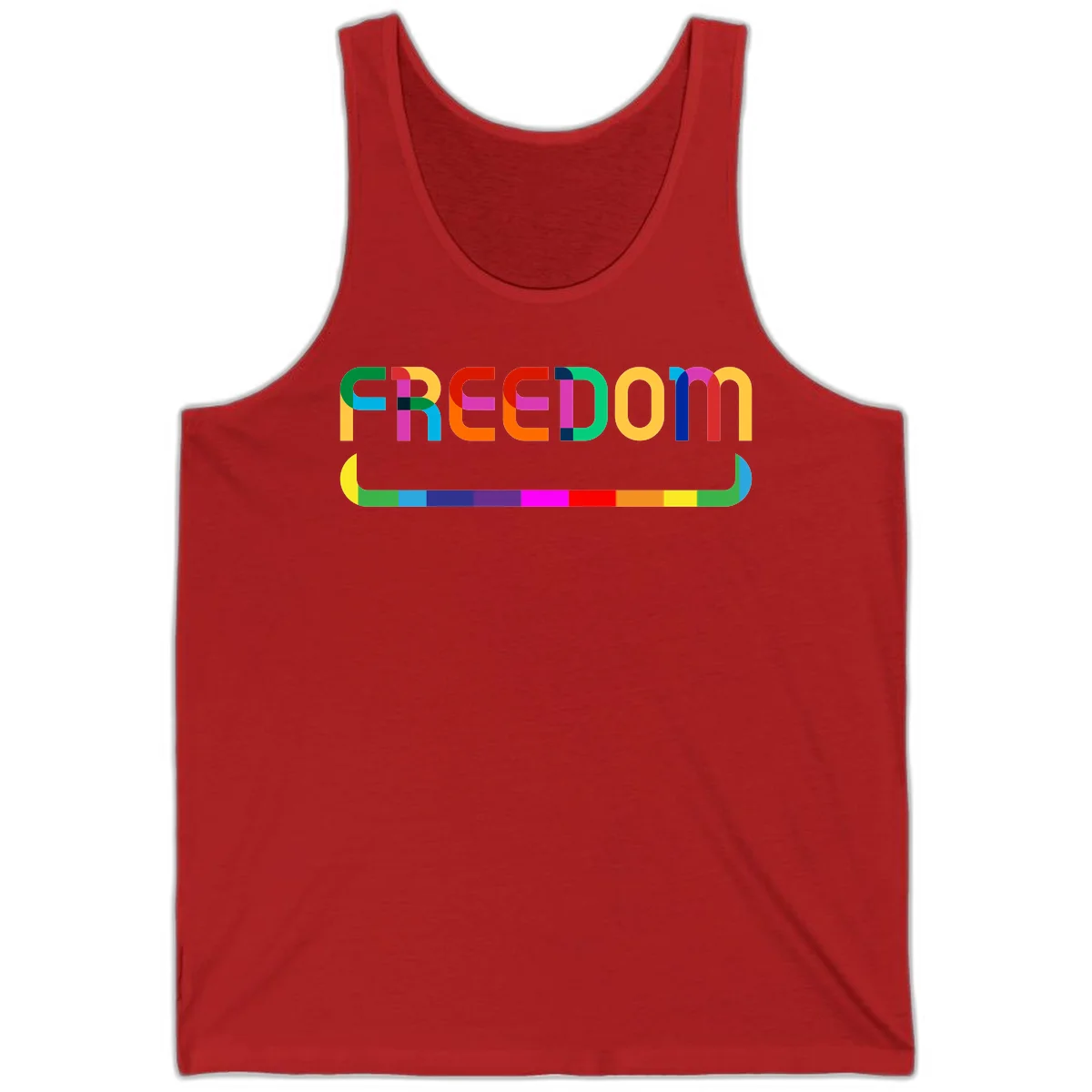 Colorful FREEDOM text in rainbow letters with geometric shapes and pride flag color bar below on gray background in Red