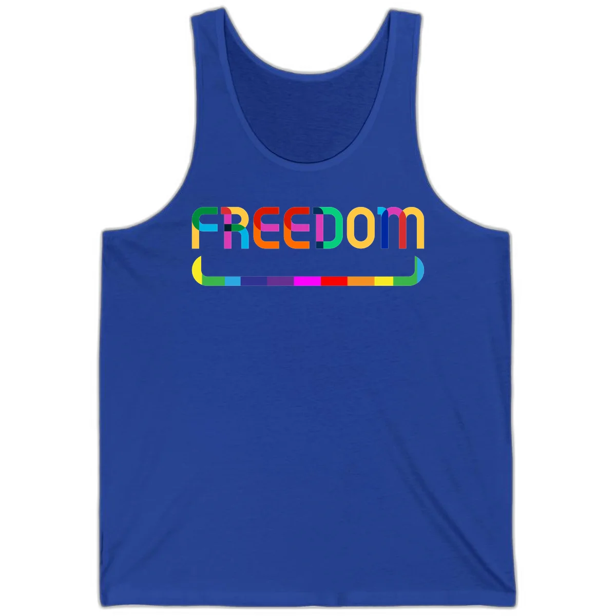 Colorful FREEDOM text in rainbow letters with geometric shapes and pride flag color bar below on gray background in True Royal