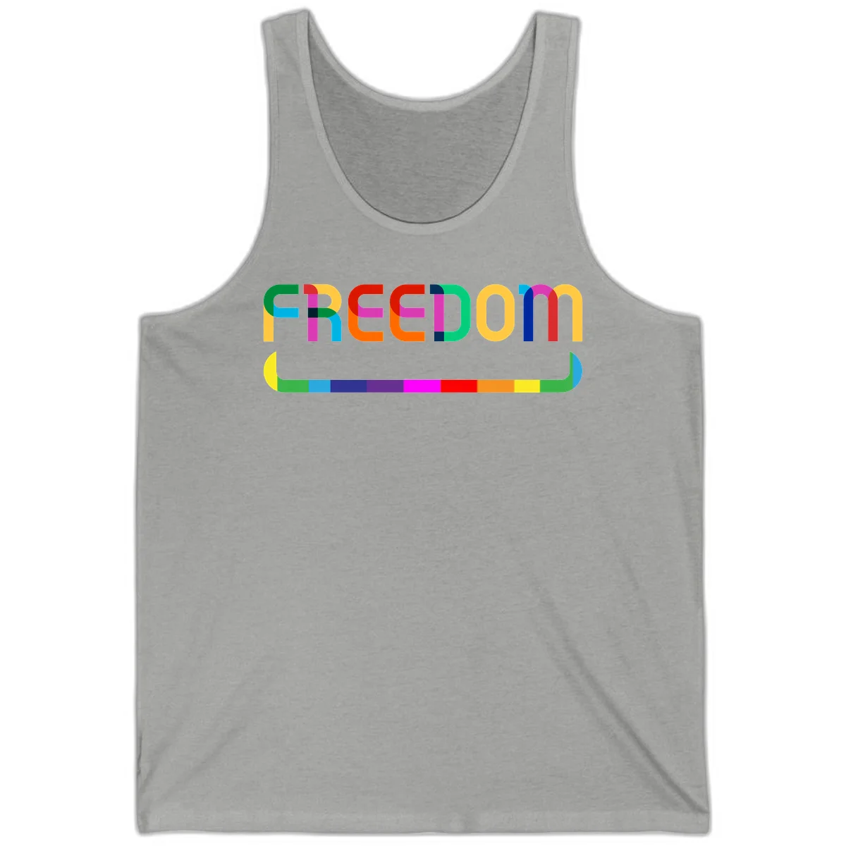 Colorful FREEDOM text in rainbow letters with geometric shapes and pride flag color bar below on gray background in Athletic Heather
