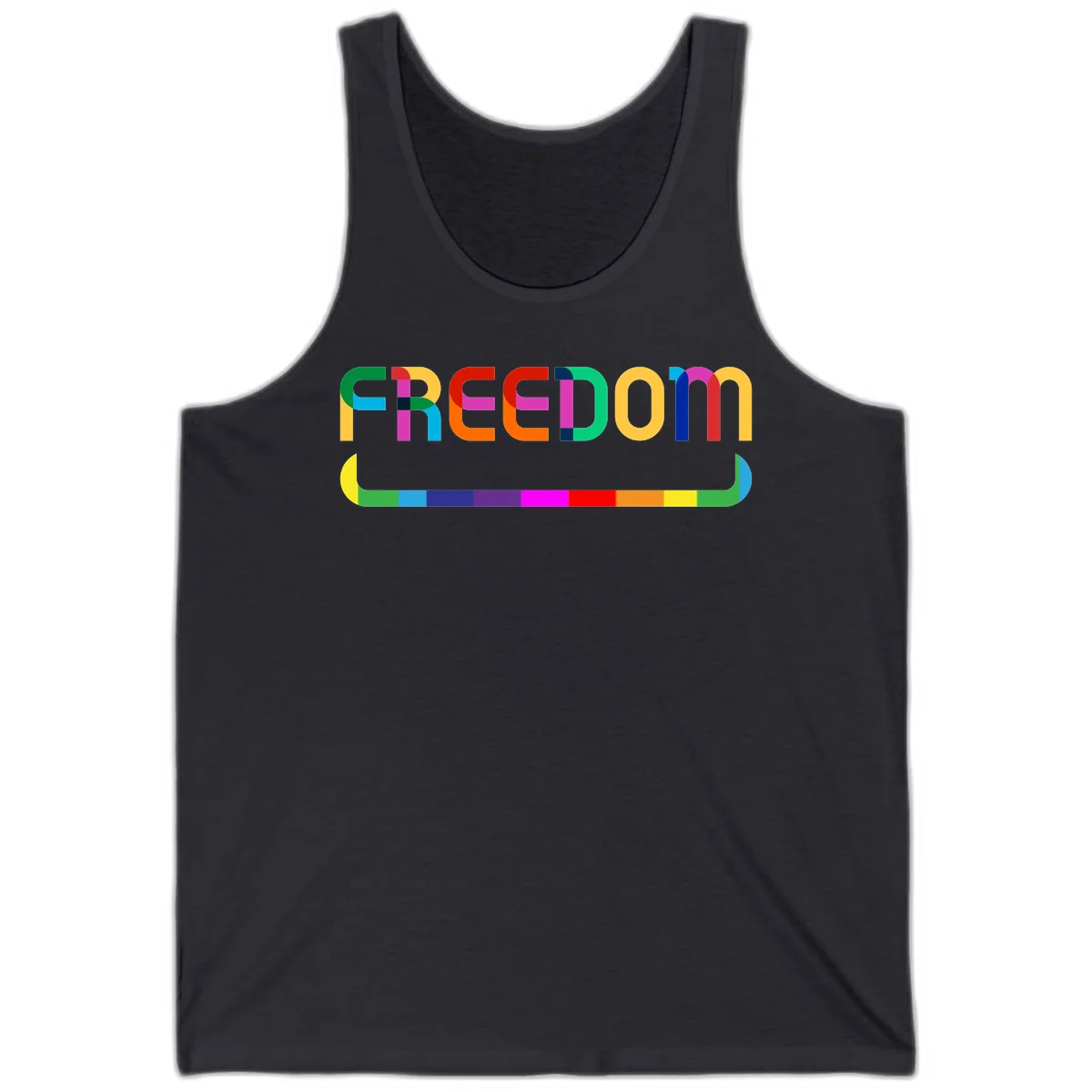 Colorful FREEDOM text in rainbow letters with geometric shapes and pride flag color bar below on gray background in Dark Grey
