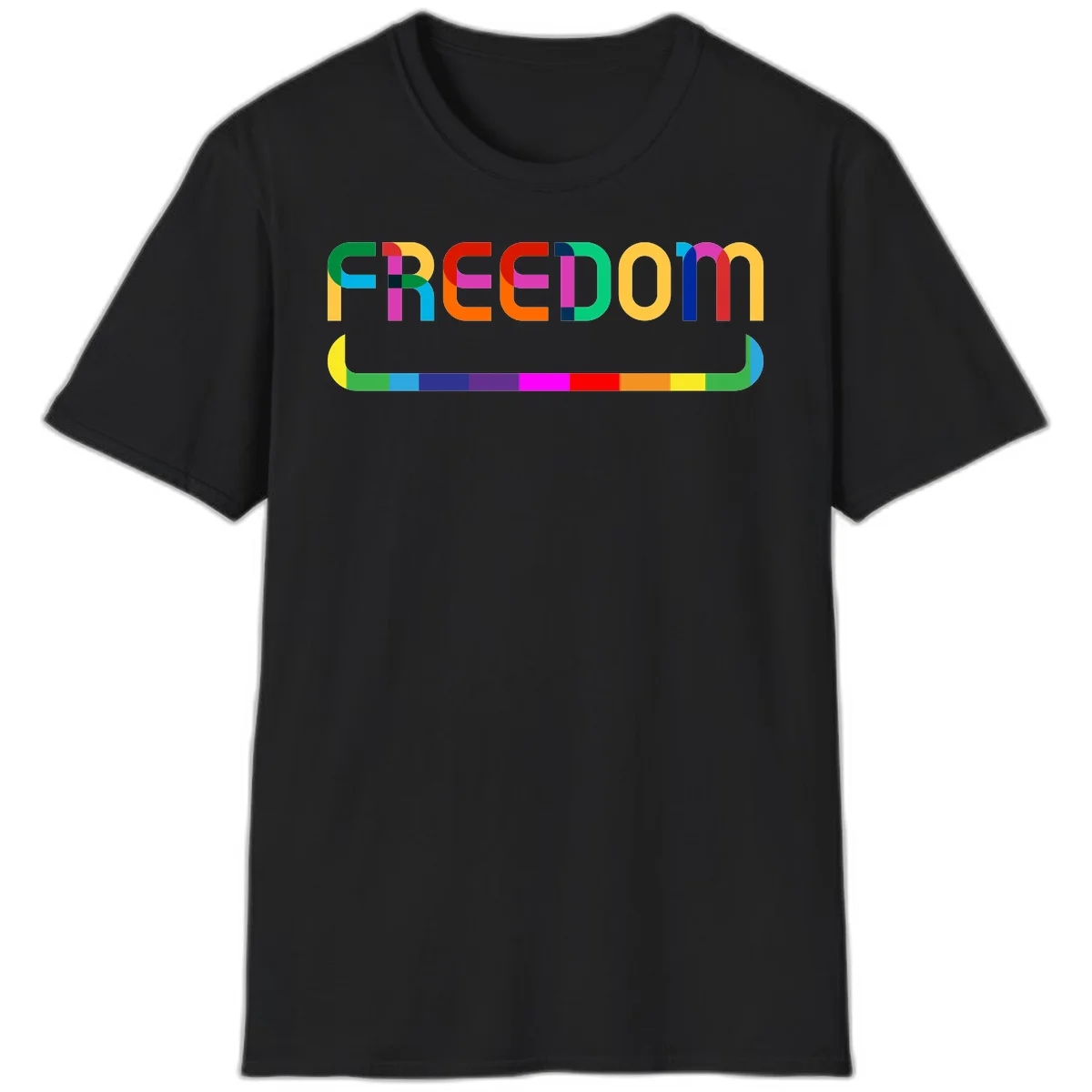 Colorful FREEDOM text in rainbow letters with geometric shapes and pride flag color bar below on gray background in Black