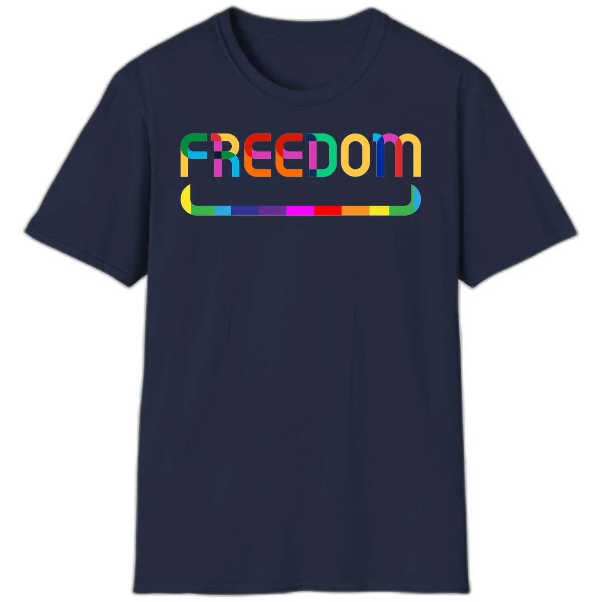 Colorful FREEDOM text in rainbow letters with geometric shapes and pride flag color bar below on gray background in Navy