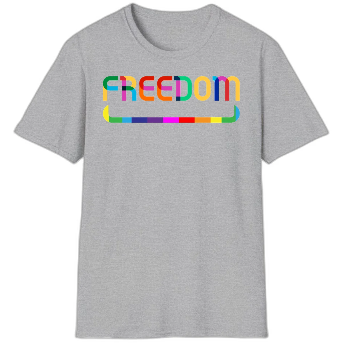 Colorful FREEDOM text in rainbow letters with geometric shapes and pride flag color bar below on gray background in Sport Grey