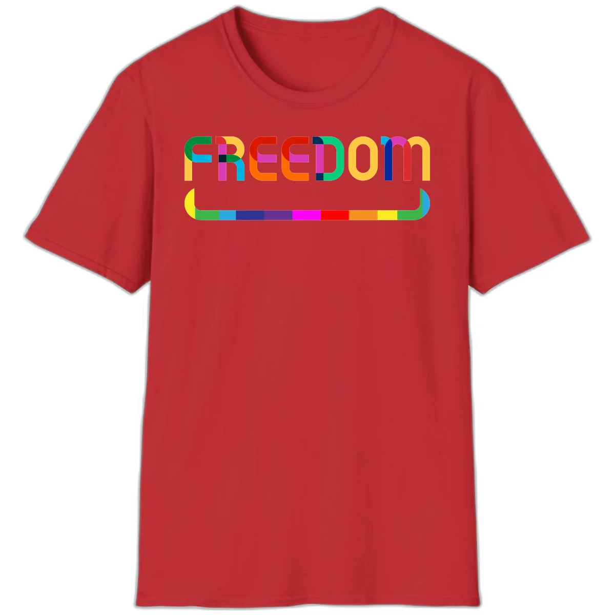 Colorful FREEDOM text in rainbow letters with geometric shapes and pride flag color bar below on gray background in Red