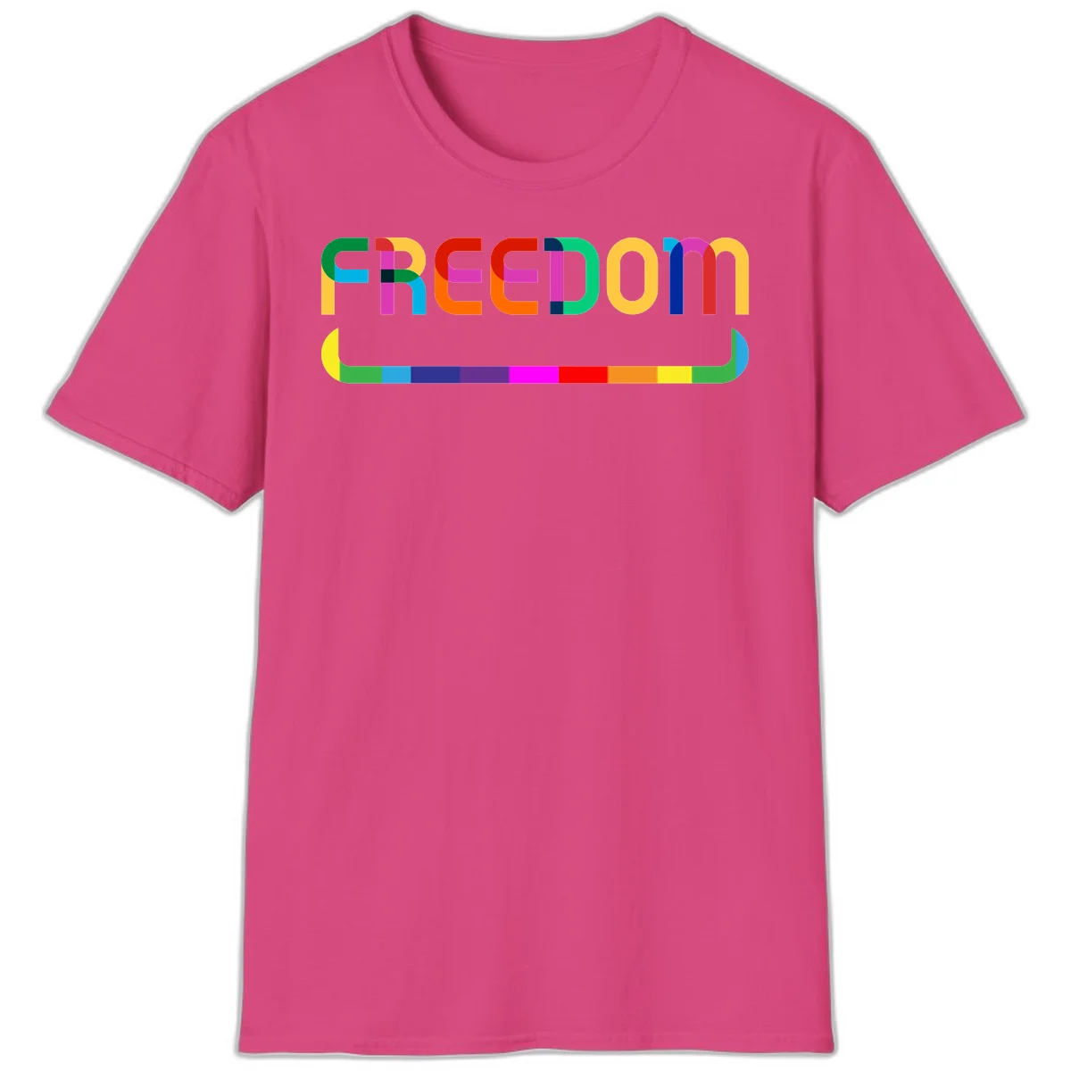 Colorful FREEDOM text in rainbow letters with geometric shapes and pride flag color bar below on gray background in Heliconia