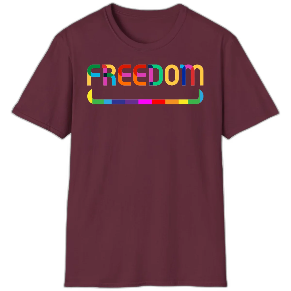 Colorful FREEDOM text in rainbow letters with geometric shapes and pride flag color bar below on gray background in Maroon