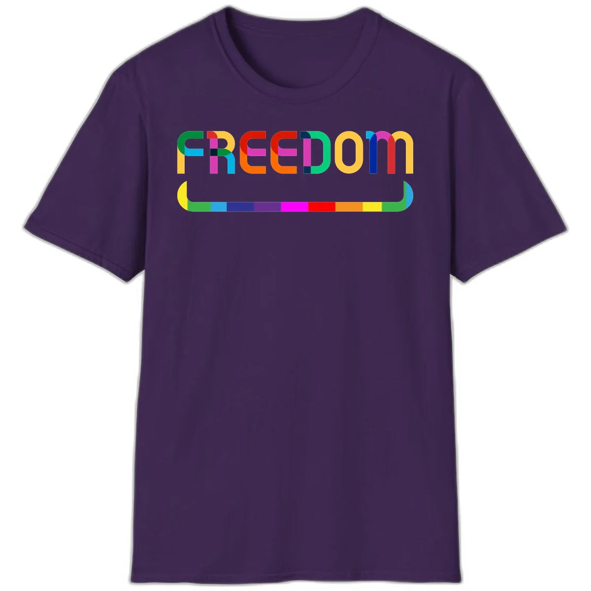 Colorful FREEDOM text in rainbow letters with geometric shapes and pride flag color bar below on gray background in Purple