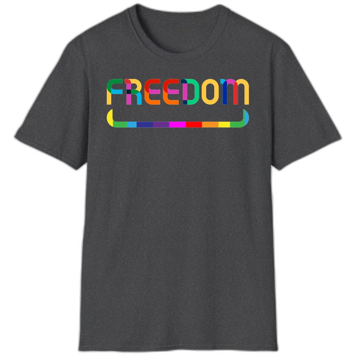 Colorful FREEDOM text in rainbow letters with geometric shapes and pride flag color bar below on gray background in Dark Heather