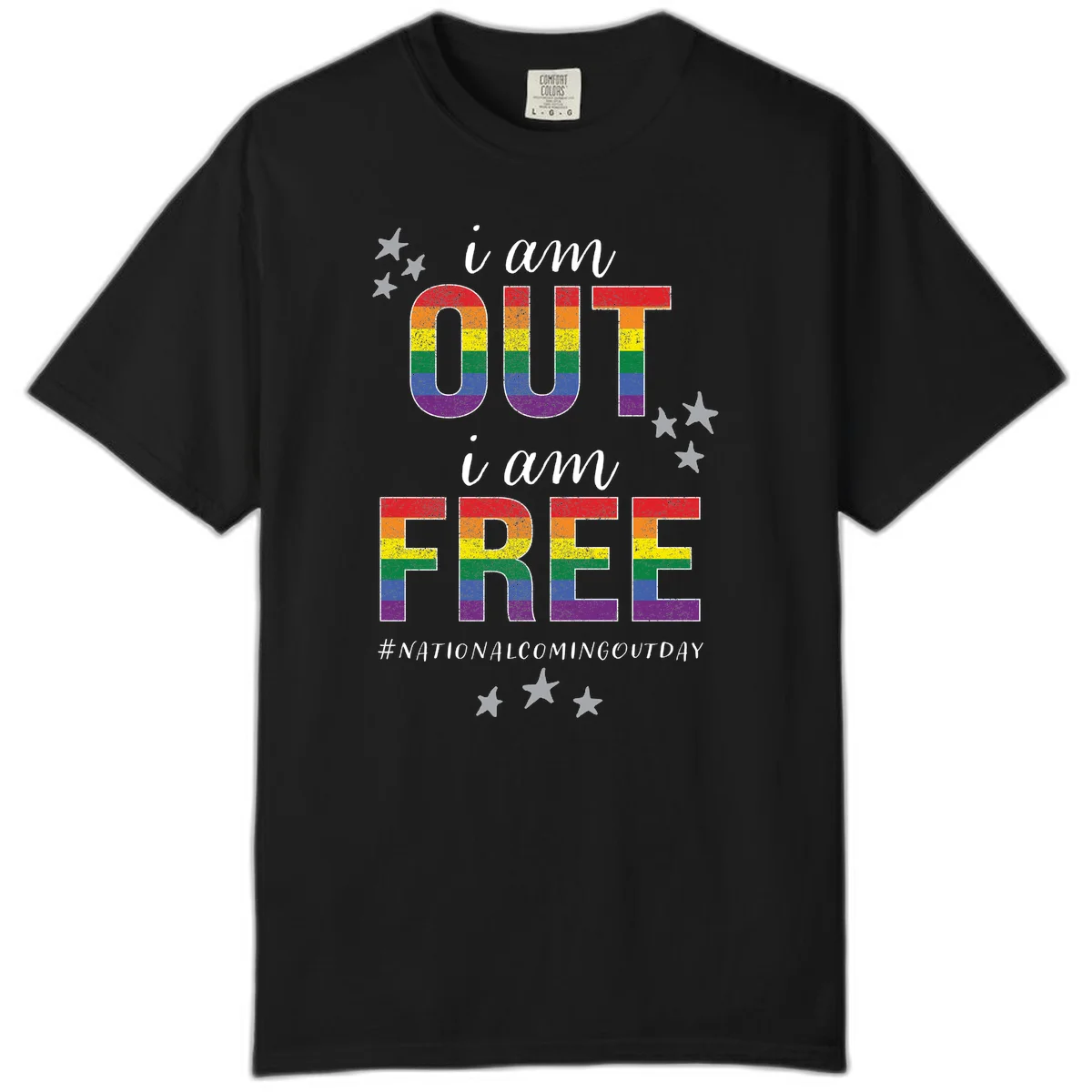 Rainbow-striped letters spelling 'i am OUT i am FREE' with decorative stars on gray background celebrating National Coming Out Day pride. in Black