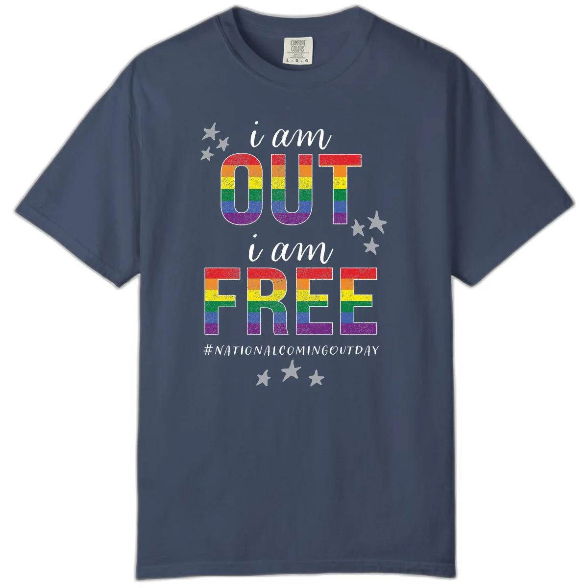 Rainbow-striped letters spelling 'i am OUT i am FREE' with decorative stars on gray background celebrating National Coming Out Day pride. in Midnight