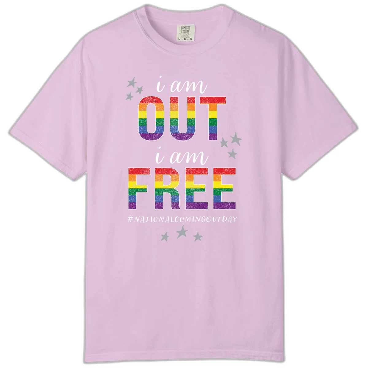 Rainbow-striped letters spelling 'i am OUT i am FREE' with decorative stars on gray background celebrating National Coming Out Day pride. in Orchid