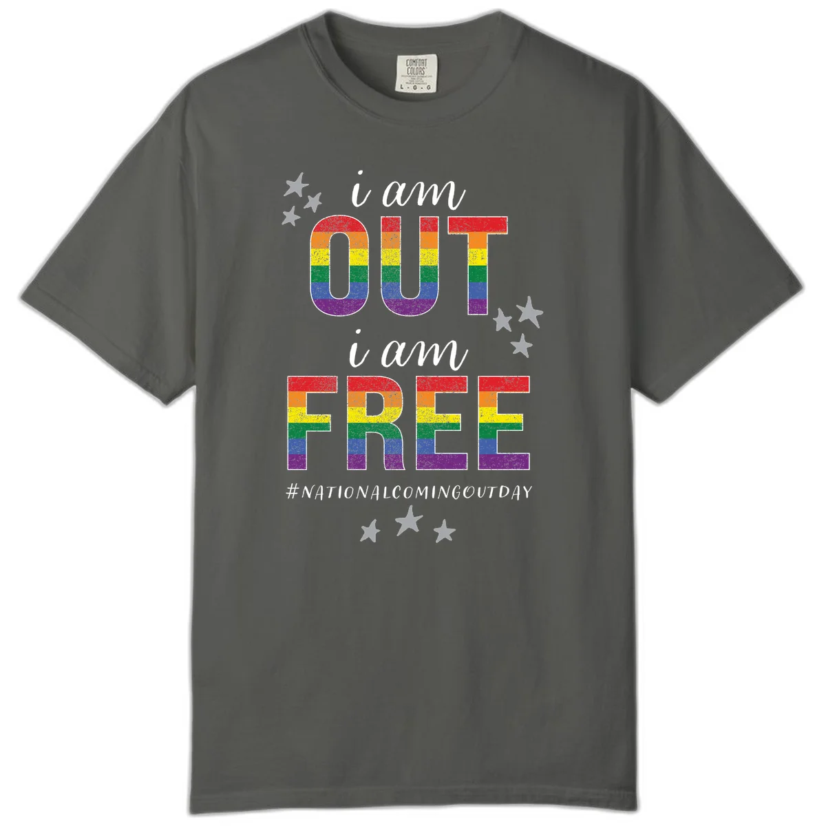 Rainbow-striped letters spelling 'i am OUT i am FREE' with decorative stars on gray background celebrating National Coming Out Day pride. in Pepper