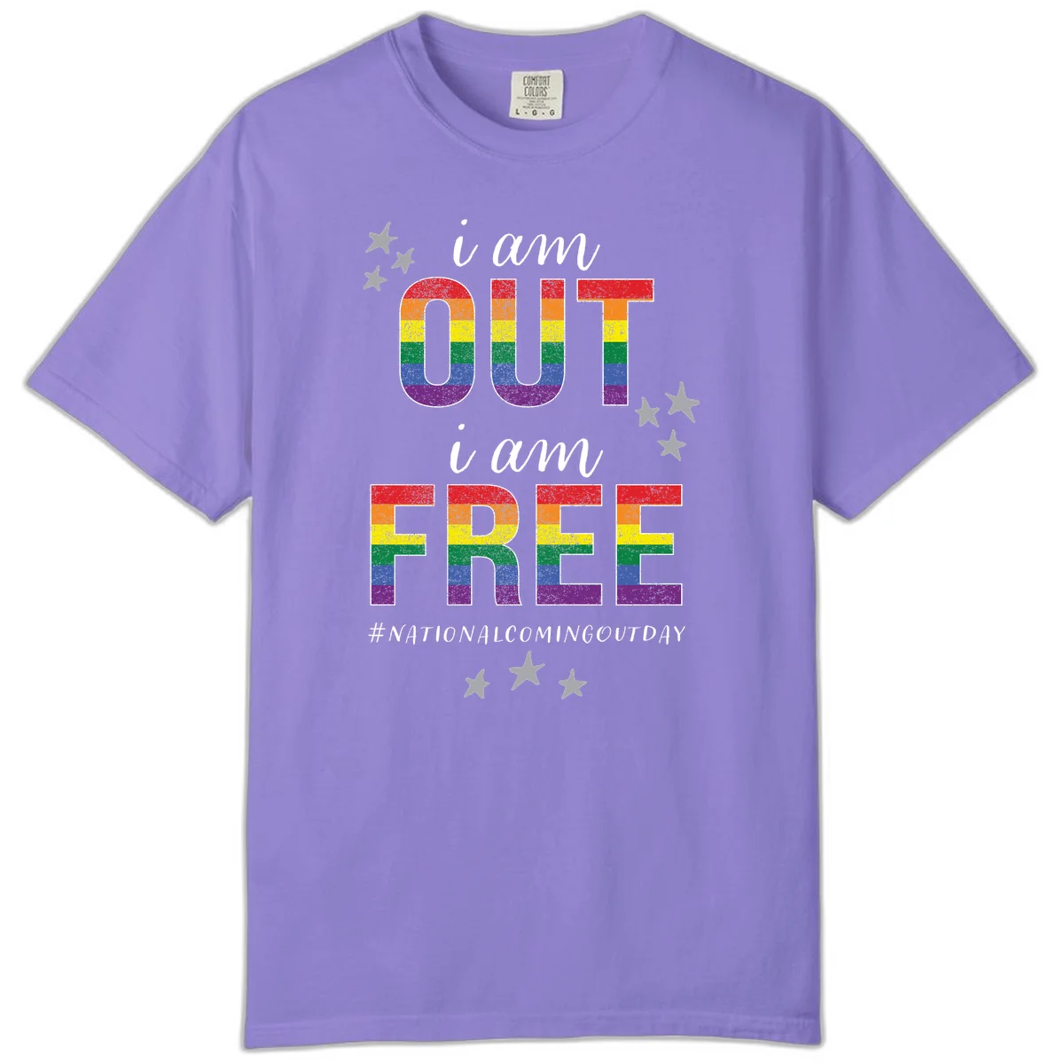 Rainbow-striped letters spelling 'i am OUT i am FREE' with decorative stars on gray background celebrating National Coming Out Day pride. in Violet