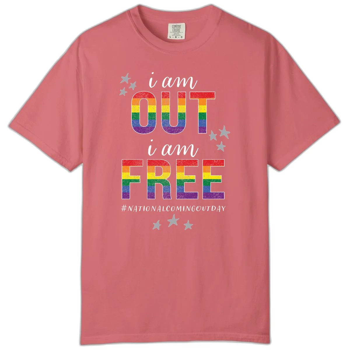 Rainbow-striped letters spelling 'i am OUT i am FREE' with decorative stars on gray background celebrating National Coming Out Day pride. in Watermelon